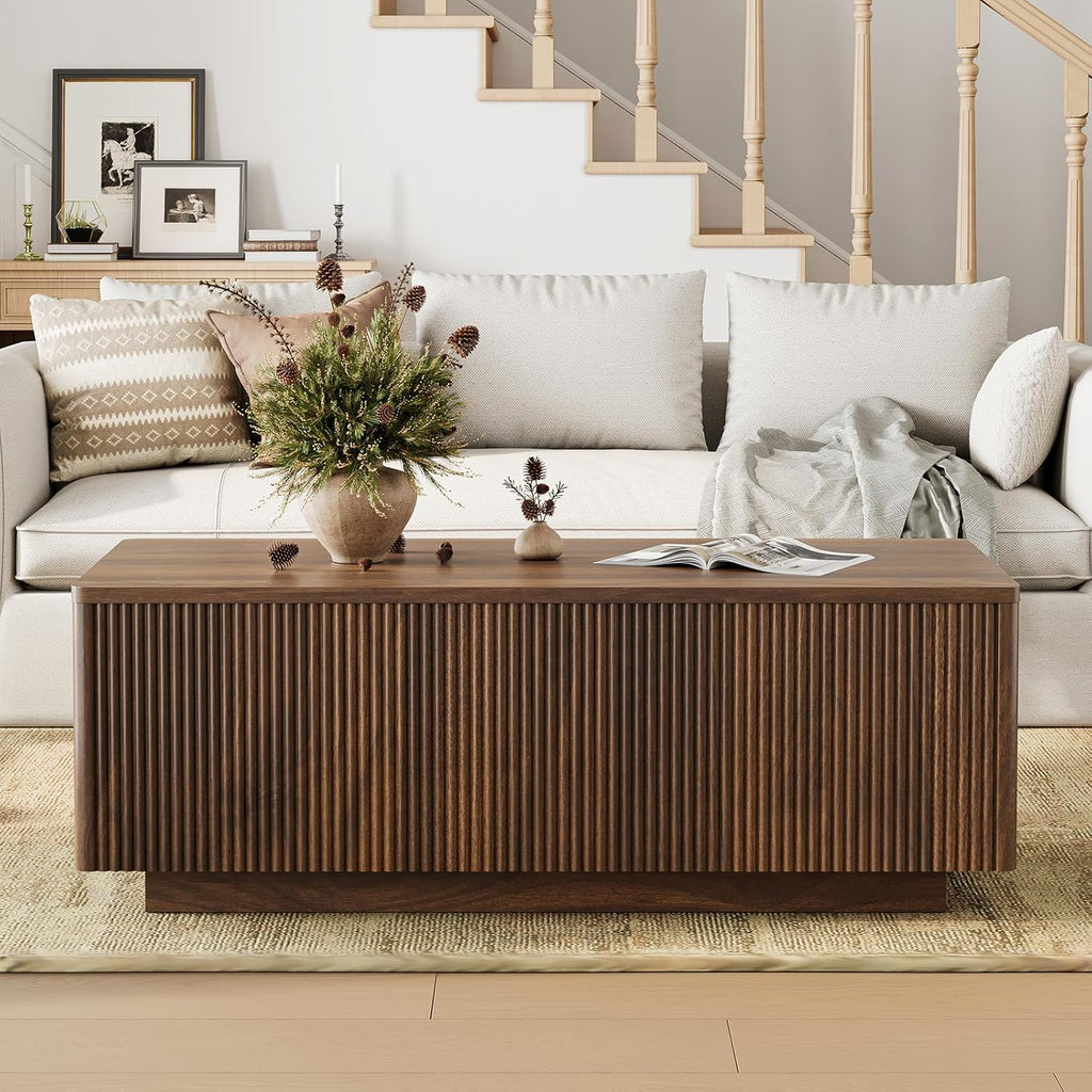 FABATO 41.7'' Fluted Lift Top Coffee Table Large Hidden Storage, Walnut | Large Rectangular Lift Up Coffee Tables, Hidden Storage Compartment, Fluted Panel Rounded Corners, Mid Century Modern