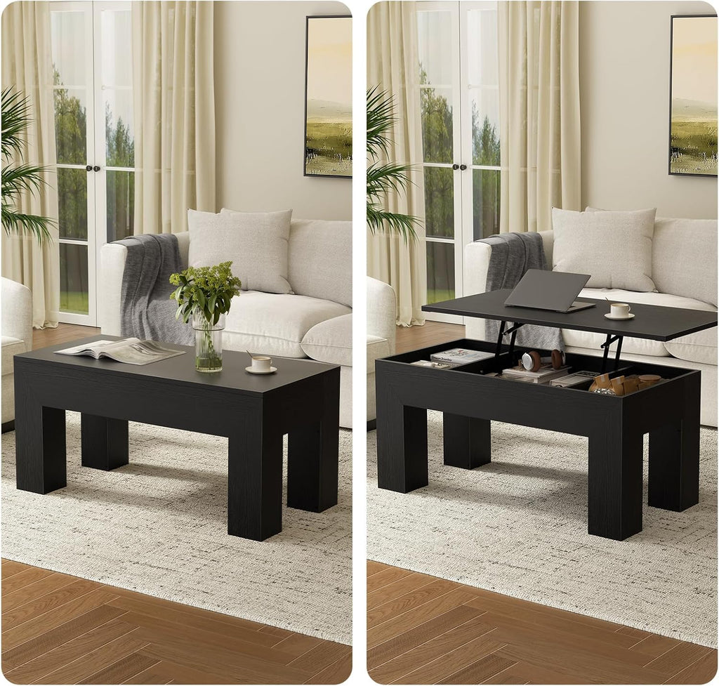 FABATO 41.7” Rectangular Lift Top Coffee Table Hidden Compartment, Black | Modern Wood Coffee Table, Large Center Table Adjust Height Sofa Table for Living Room, Home Office