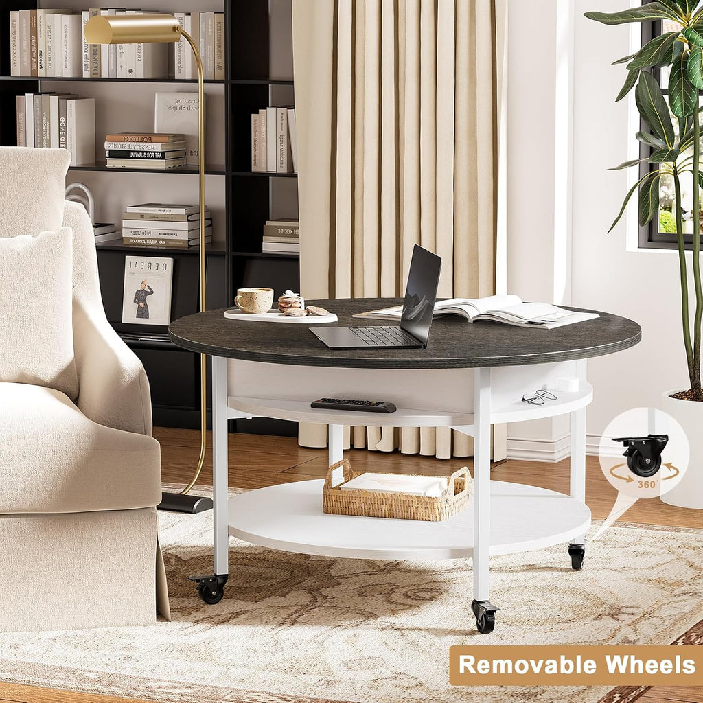 FABATO Small Round Lift Top Coffee Table with Wheels and Storage, White | 26.77’’ Rolling Lift Up Circle Center Table, Hidden Storage and Compartment, 2 Tier Small Circle Dining Table for Living Room