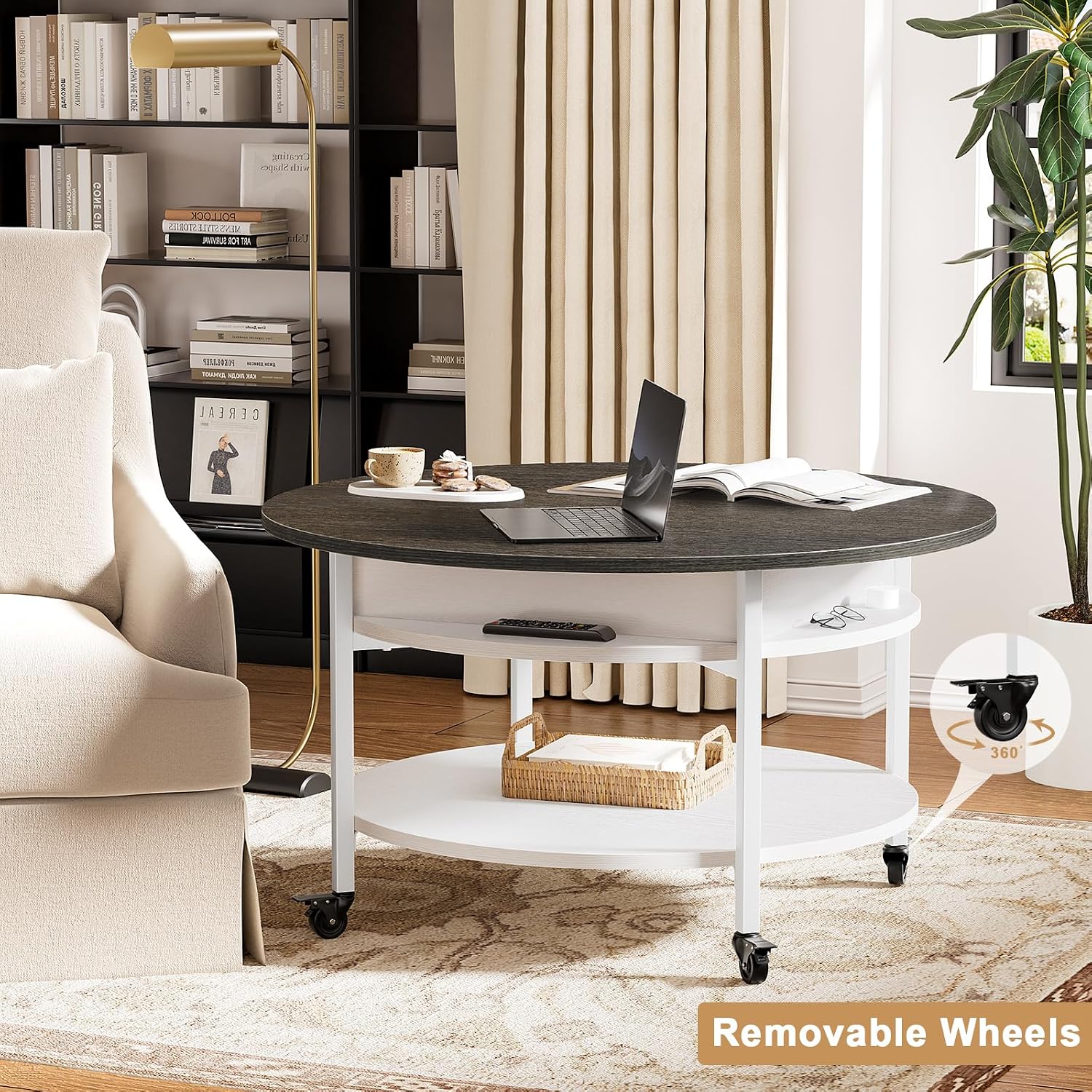 FABATO Small Round Lift Top Coffee Table with Wheels and Storage, White | 26.77’’ Rolling Lift Up Circle Center Table, Hidden Storage and Compartment, 2 Tier Small Circle Dining Table for Living Room