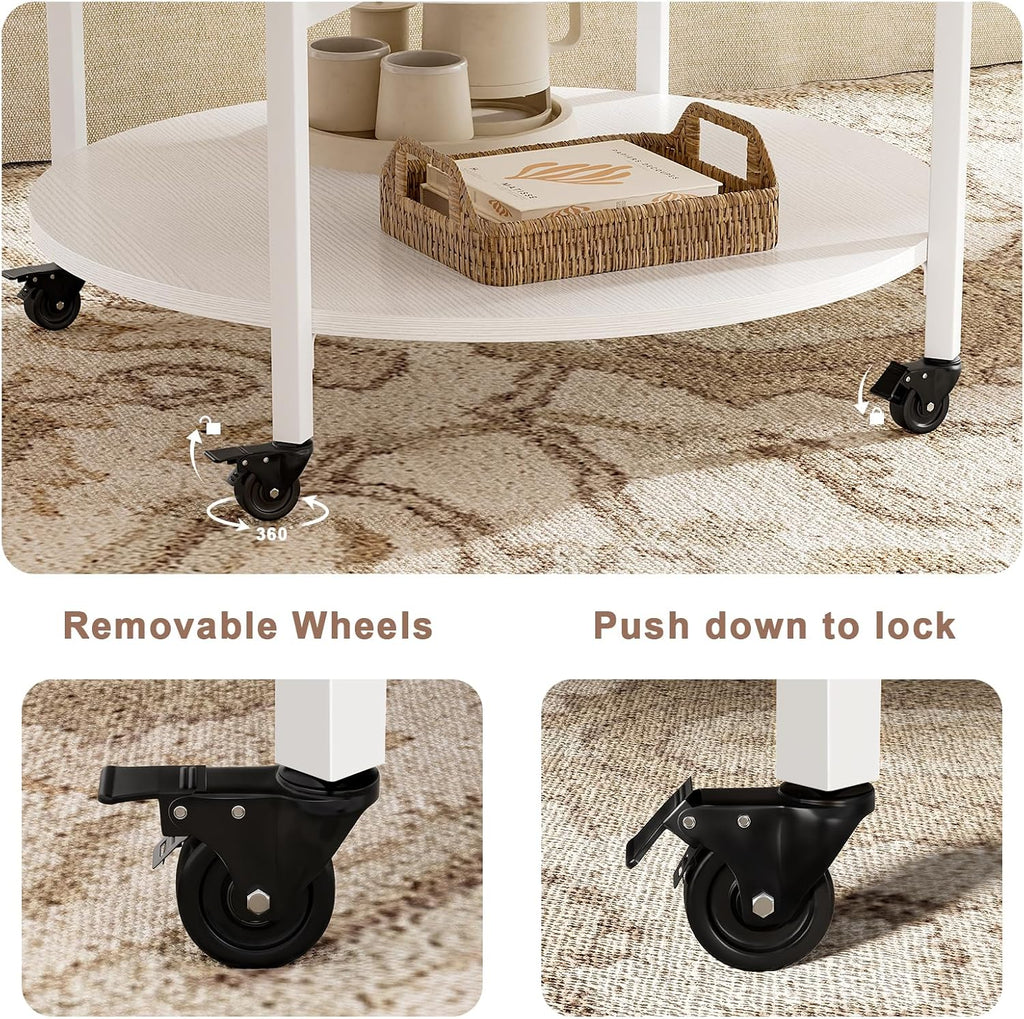 FABATO Small Round Lift Top Coffee Table with Wheels and Storage, White | 26.77’’ Rolling Lift Up Circle Center Table, Hidden Storage and Compartment, 2 Tier Small Circle Dining Table for Living Room