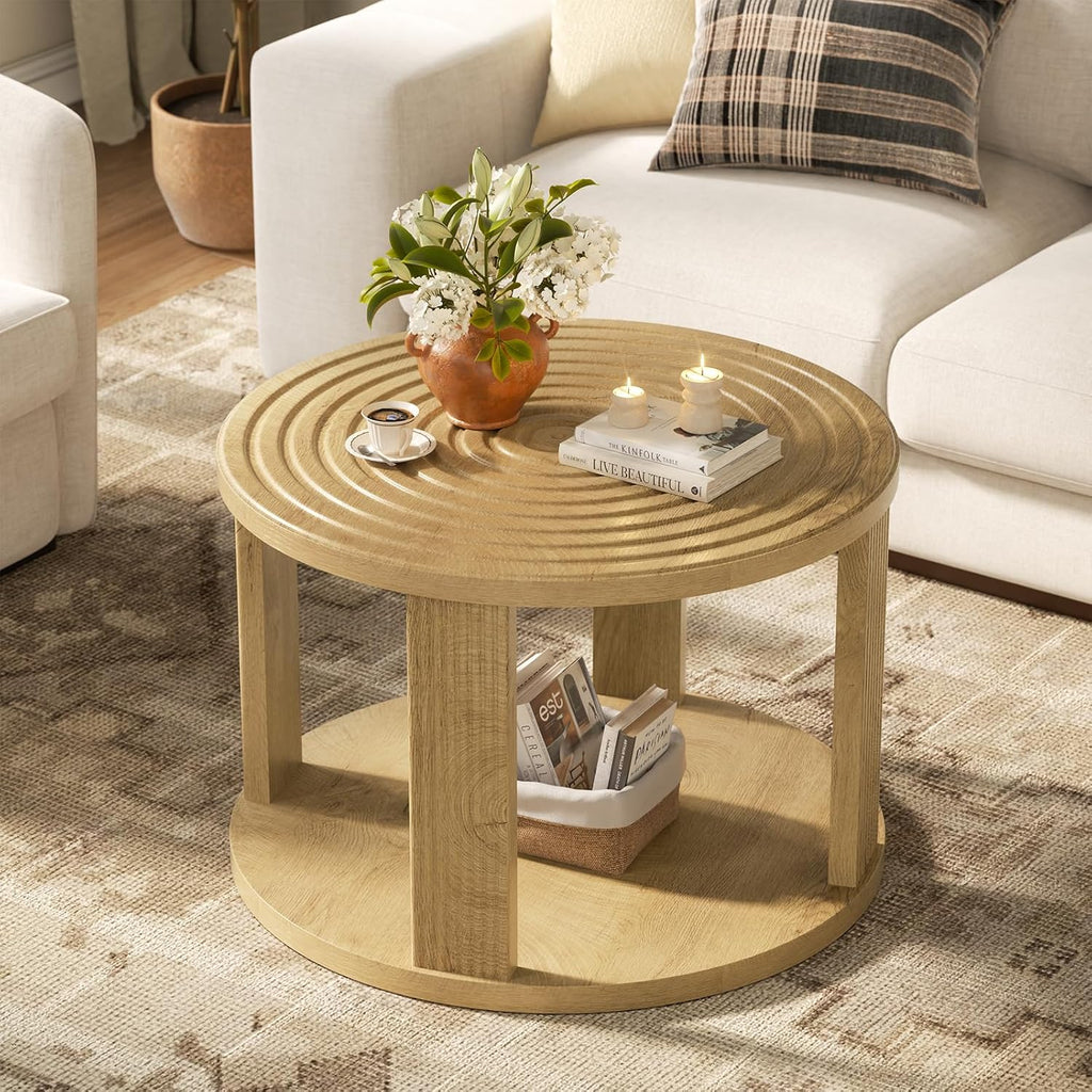 Planimetry 26.8” Fluted Round Coffee Table, 2-Tier Circle Lift Top, Wood | Round Center Table with Thick Tabletop, Modern Wood Circle Coffee Table for Living Room, Small Space, Easy Assembly
