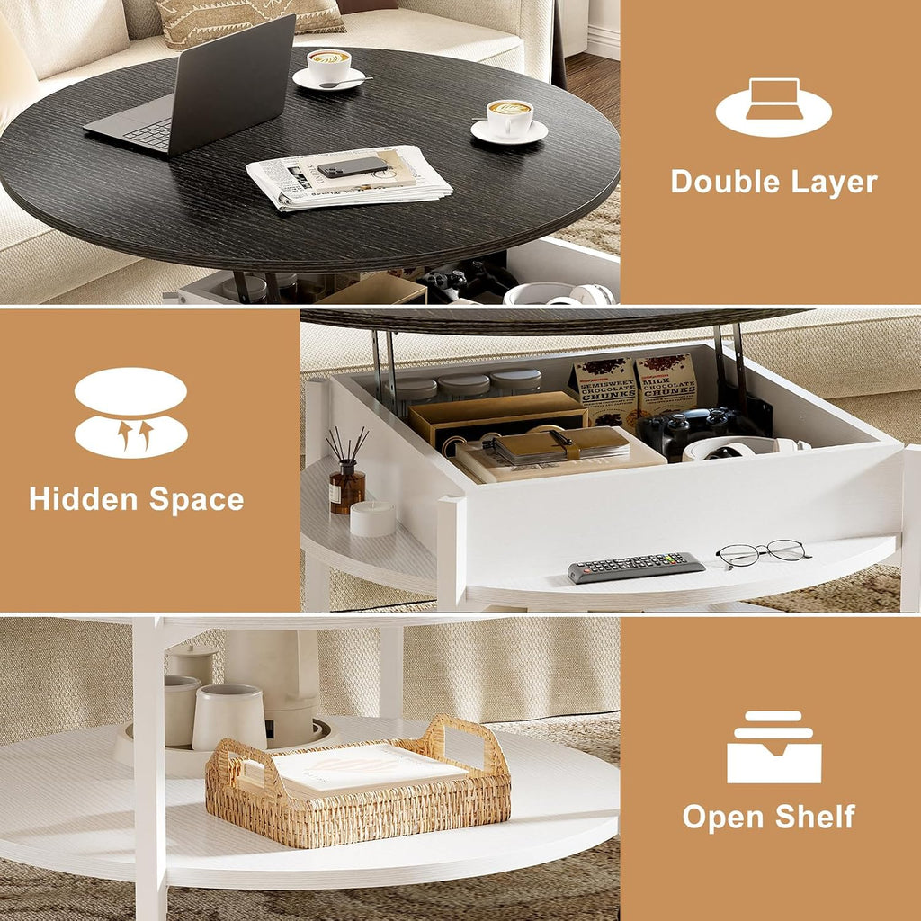 FABATO Small Round Lift Top Coffee Table with Wheels and Storage, White | 26.77’’ Rolling Lift Up Circle Center Table, Hidden Storage and Compartment, 2 Tier Small Circle Dining Table for Living Room