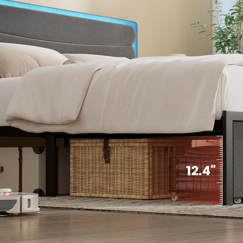 ROLETALENT Full Bed Frame with Storage Adjustable Headboard and 2 Drawers Upholstered Double Bed Frame Full Size with LED & Charging Station Metal Support No Box Spring Needed Grey