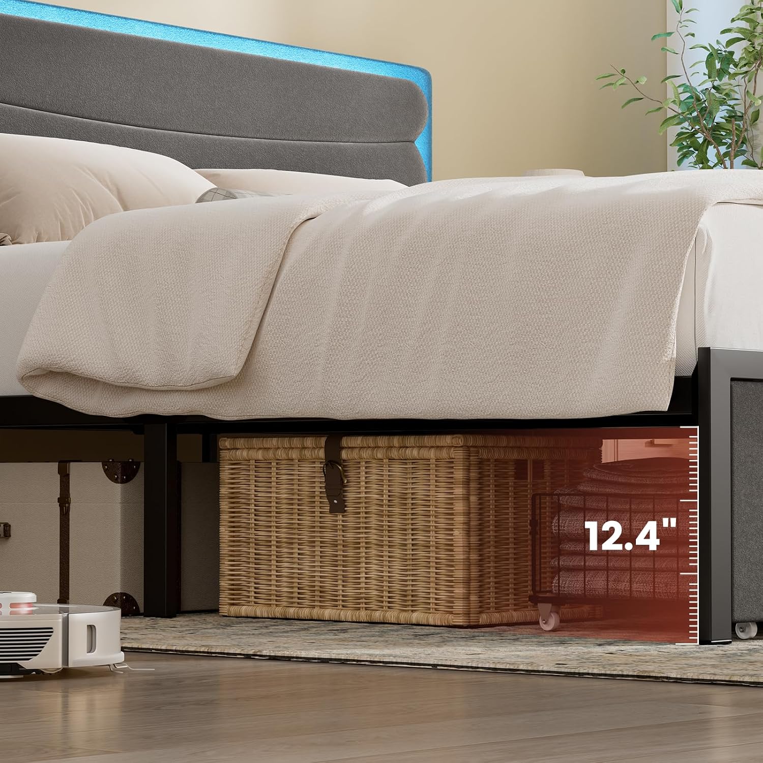 ROLETALENT Full Bed Frame with Storage Adjustable Headboard and 2 Drawers Upholstered Double Bed Frame Full Size with LED & Charging Station Metal Support No Box Spring Needed Grey