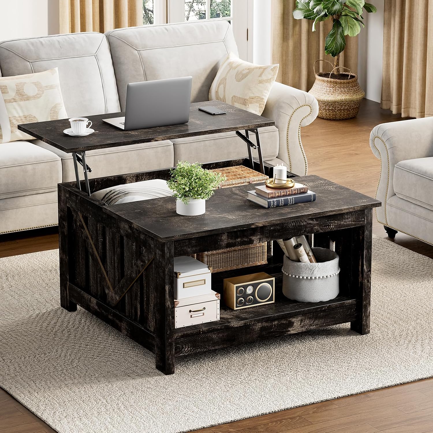 FABATO Lift Top Coffee Table, 31.5" Farmhouse Coffee Tables with Storage, Small Square Cocktail Tables, Wood Central Table for Living Room, Meeting Room, White