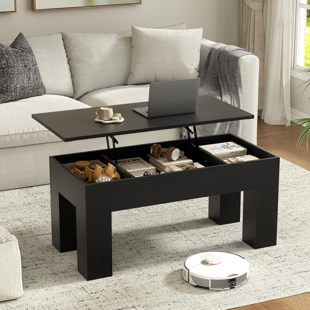 FABATO 41.7” Rectangular Lift Top Coffee Table Hidden Compartment, Black | Modern Wood Coffee Table, Large Center Table Adjust Height Sofa Table for Living Room, Home Office
