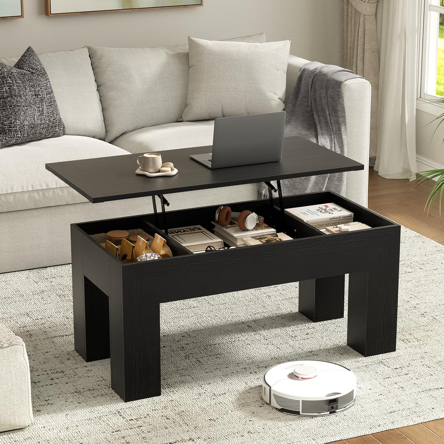 FABATO 41.7” Rectangular Lift Top Coffee Table Hidden Compartment, Black | Modern Wood Coffee Table, Large Center Table Adjust Height Sofa Table for Living Room, Home Office