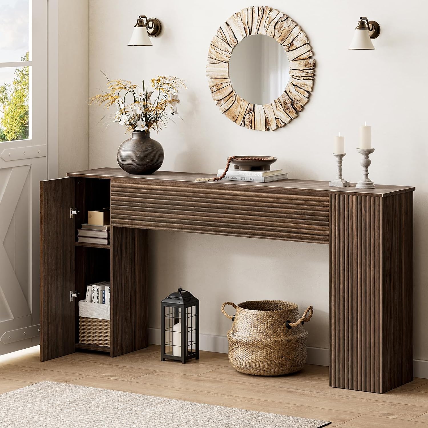 FABATO 61” Fluted Long Console Table with 2 Hidden Storage Cabinets, Brown | Wooden Rectangular Sofa Table, Behind the Couch, Narrow Entryway Table for Entrance, Hallway, Living Room, Foyer