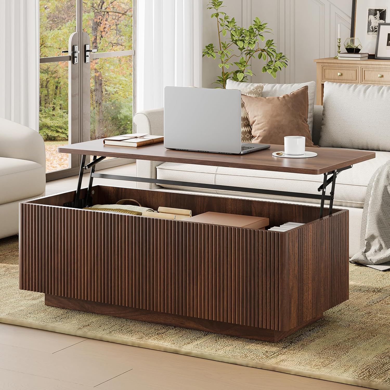 FABATO 41.7'' Fluted Lift Top Coffee Table Large Hidden Storage, Walnut | Large Rectangular Lift Up Coffee Tables, Hidden Storage Compartment, Fluted Panel Rounded Corners, Mid Century Modern