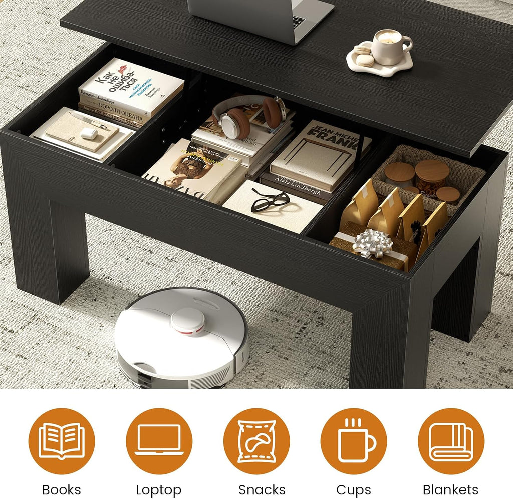 FABATO 41.7” Rectangular Lift Top Coffee Table Hidden Compartment, Black | Modern Wood Coffee Table, Large Center Table Adjust Height Sofa Table for Living Room, Home Office