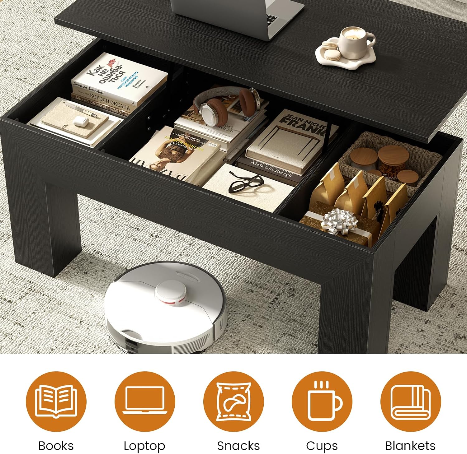 FABATO 41.7” Rectangular Lift Top Coffee Table Hidden Compartment, Black | Modern Wood Coffee Table, Large Center Table Adjust Height Sofa Table for Living Room, Home Office