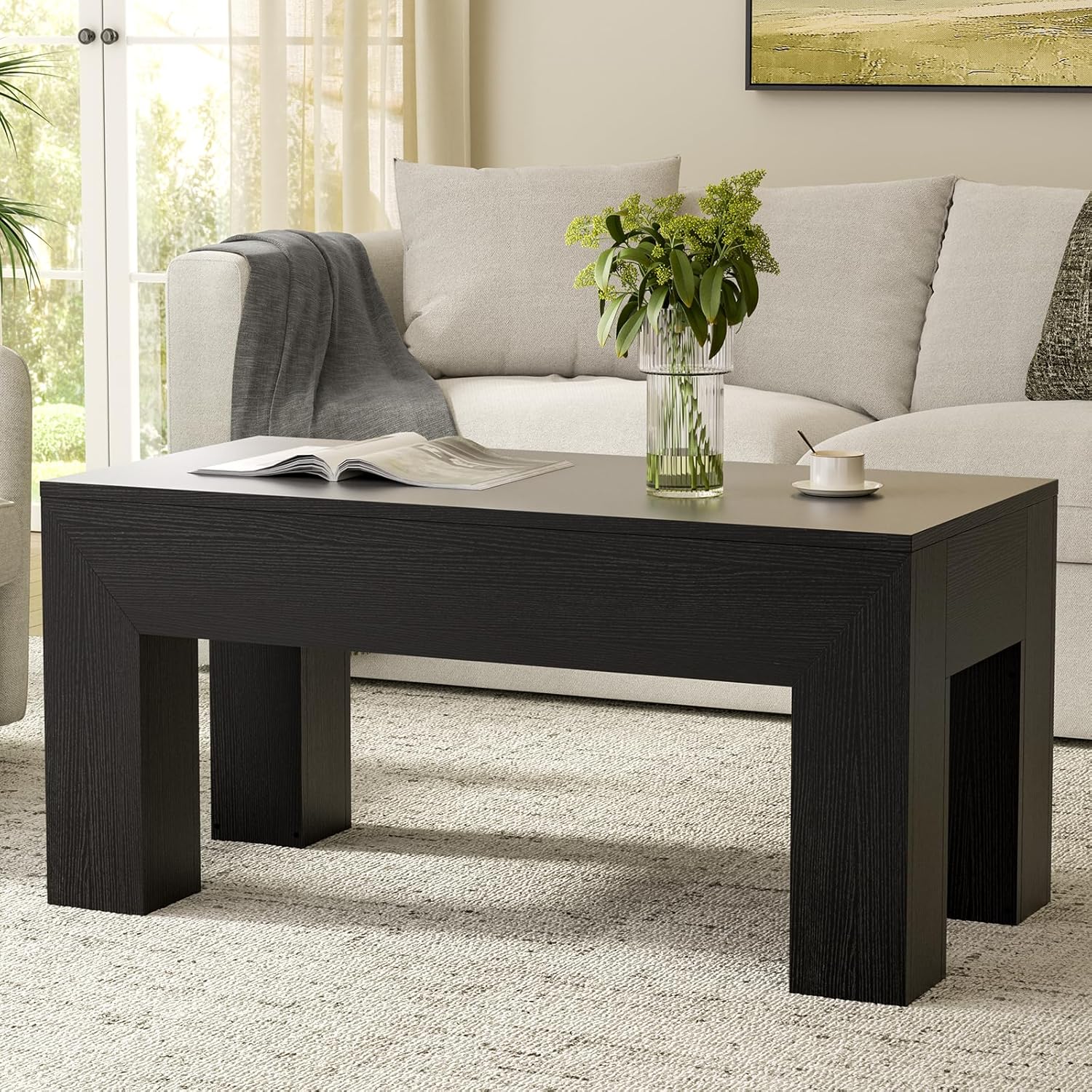 FABATO 41.7” Rectangular Lift Top Coffee Table Hidden Compartment, Black | Modern Wood Coffee Table, Large Center Table Adjust Height Sofa Table for Living Room, Home Office