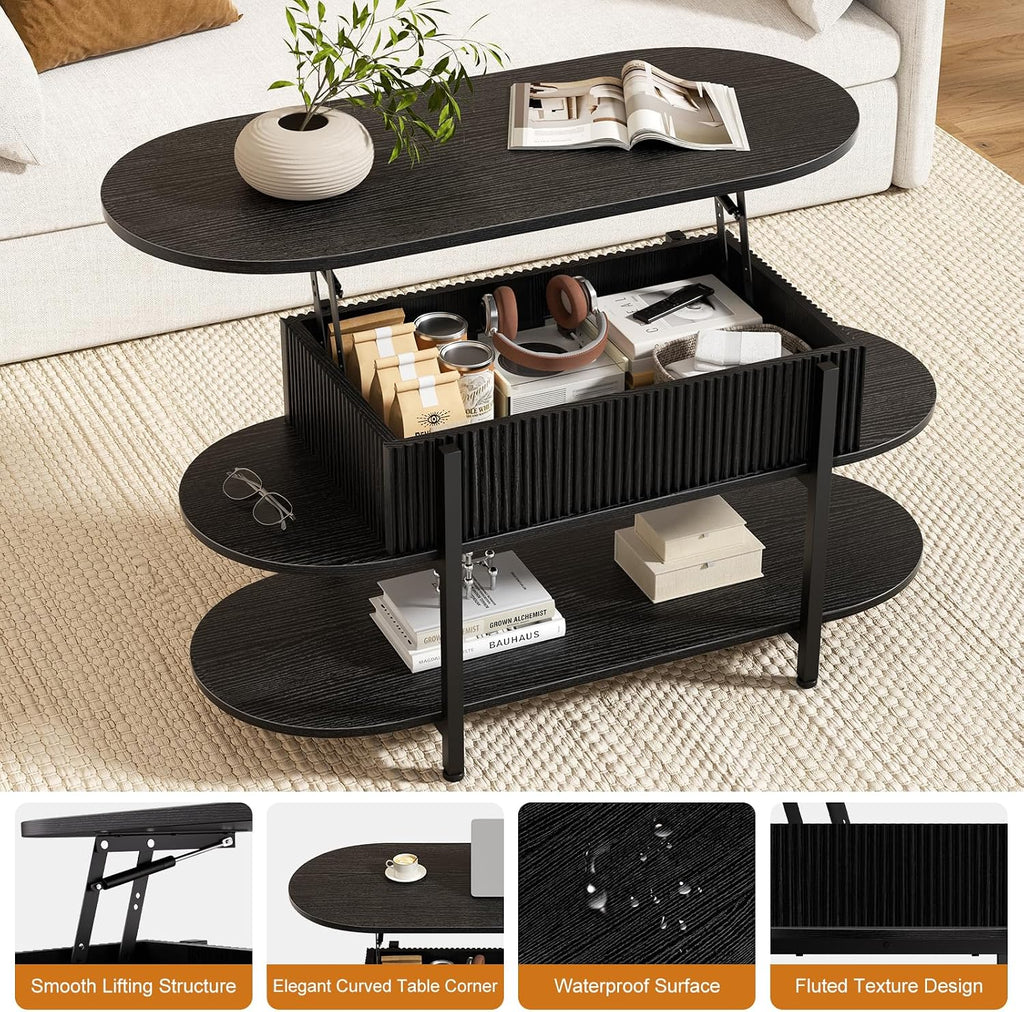 FABATO 41.7" Fluted Oval Lift Top Coffee Table with Hidden Storage, Black | Fluted Wood Center Table, 3 Tier Small Tables with Curved Edge, Modern Narrow Coffee Table for Living Room Reception Room