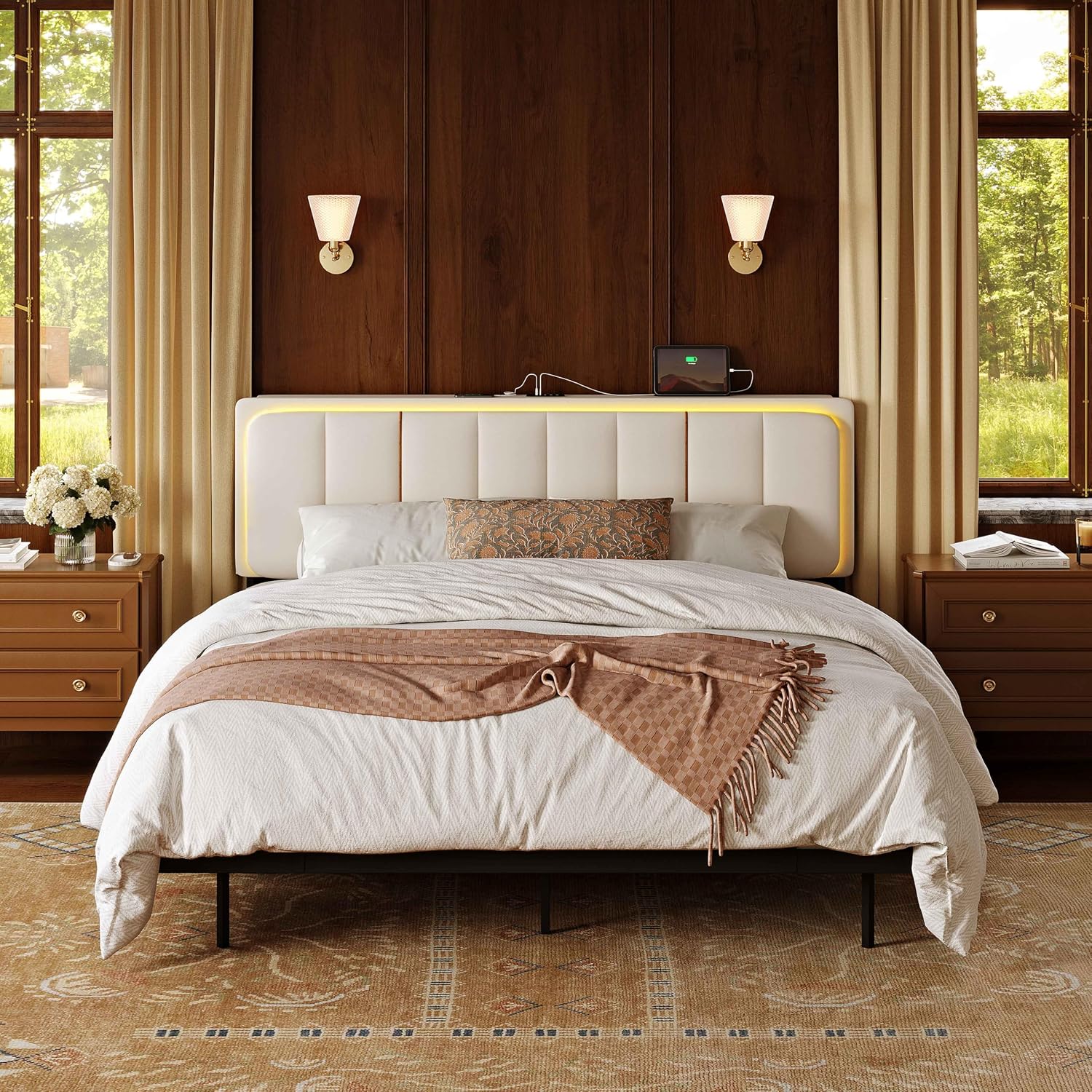 Upholstered Floating Full Bed Frame with Storage Headboard, Modern Metal Bed Frame with LED Light & Charging Station, No Spring Boxing Needed Beige