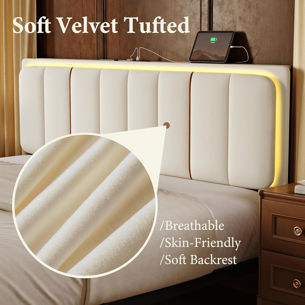 Upholstered Floating Full Bed Frame with Storage Headboard, Modern Metal Bed Frame with LED Light & Charging Station, No Spring Boxing Needed Beige
