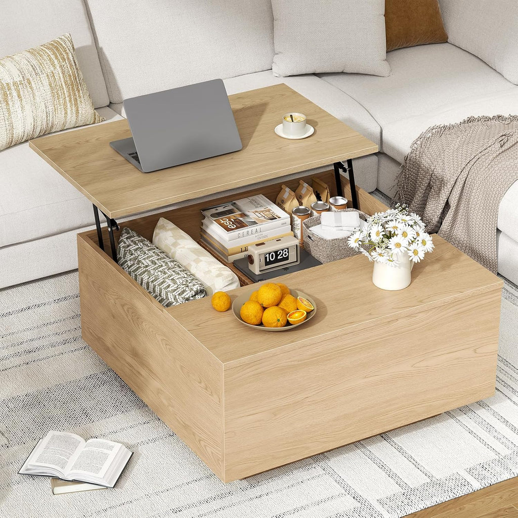 FABATO Lift Top Coffee Table,Wood Square Coffee Table with Storage
