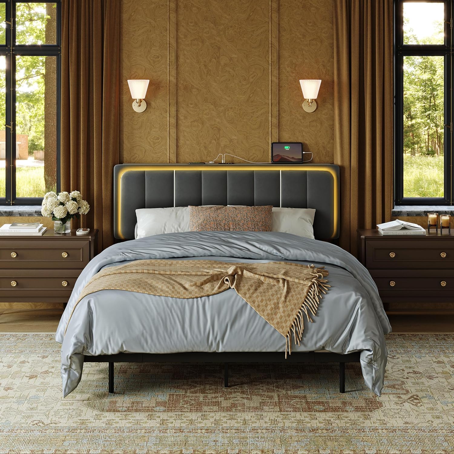 Upholstered Floating Full Bed Frame with Storage Headboard, Modern Metal Bed Frame with LED Light & Charging Station, No Spring Boxing Needed Beige