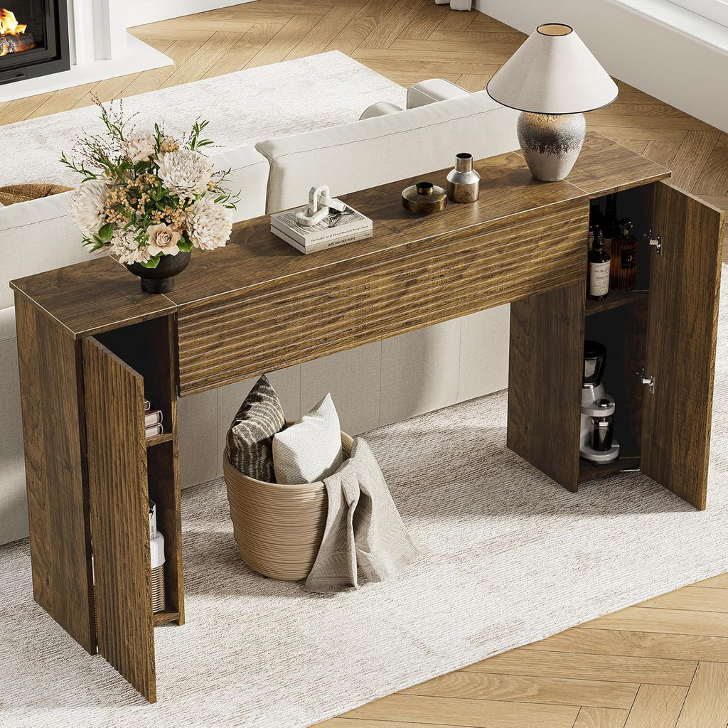 FABATO 61” Fluted Long Console Table with 2 Hidden Storage Cabinets, Brown | Wooden Rectangular Sofa Table, Behind the Couch, Narrow Entryway Table for Entrance, Hallway, Living Room, Foyer