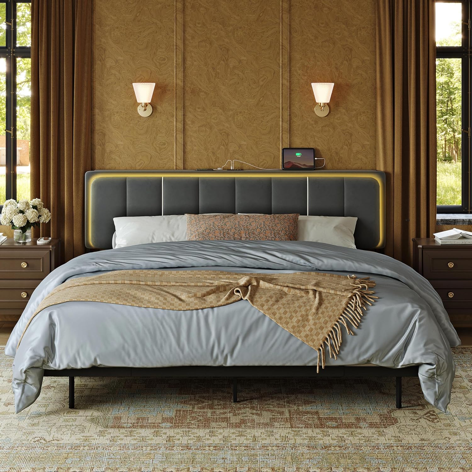 Upholstered Floating Full Bed Frame with Storage Headboard, Modern Metal Bed Frame with LED Light & Charging Station, No Spring Boxing Needed Beige