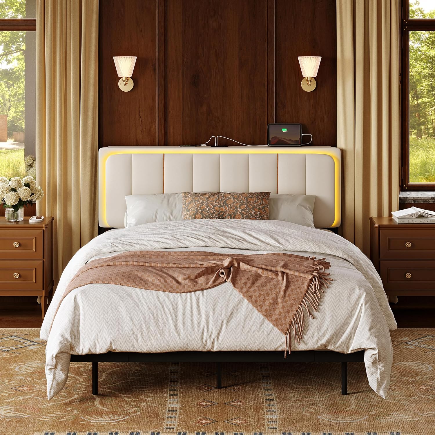 Upholstered Floating Full Bed Frame with Storage Headboard, Modern Metal Bed Frame with LED Light & Charging Station, No Spring Boxing Needed Beige
