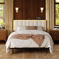 Upholstered Floating Full Bed Frame with Storage Headboard, Modern Metal Bed Frame with LED Light & Charging Station, No Spring Boxing Needed Beige