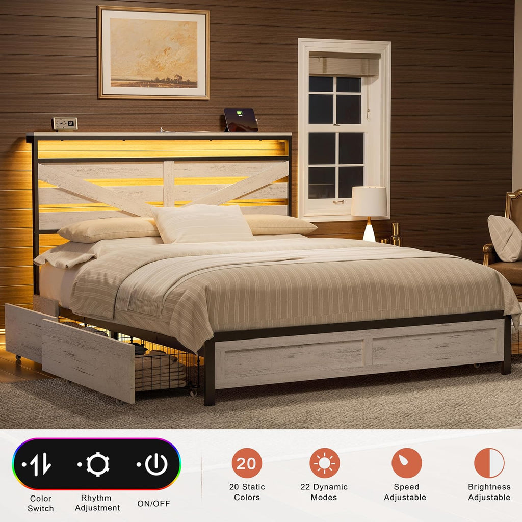Full Bed Frame with 4 Storage Drawers Farmhouse Double Bed Frame Full Size with Headboard Metal Platform Bed No Box Spring Needed, Easy Assembly White