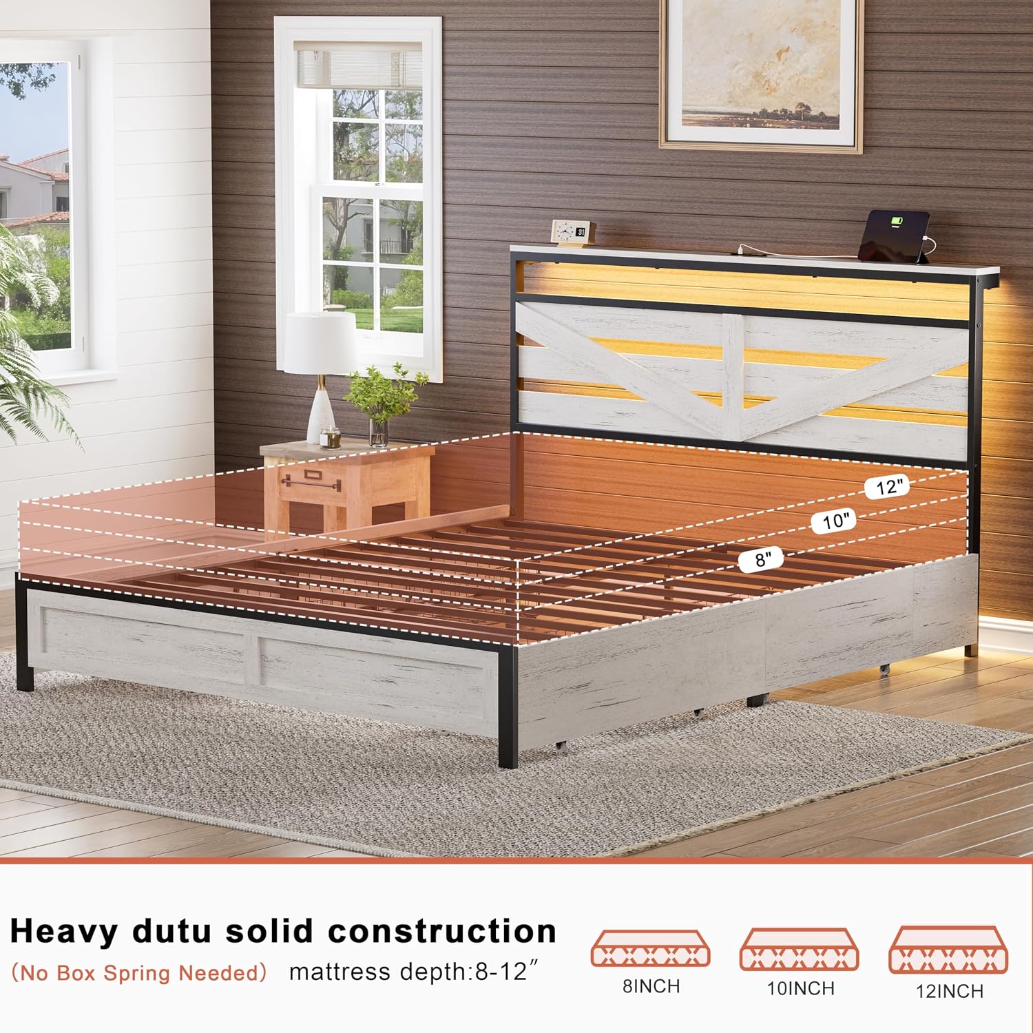 Full Bed Frame with 4 Storage Drawers Farmhouse Double Bed Frame Full Size with Headboard Metal Platform Bed No Box Spring Needed, Easy Assembly White