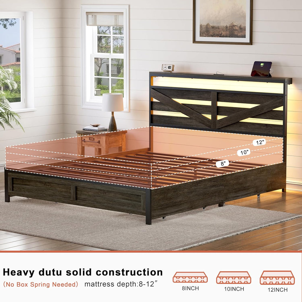 Full Bed Frame with 4 Storage Drawers Farmhouse Double Bed Frame Full Size with Headboard Metal Platform Bed No Box Spring Needed, Easy Assembly Grey