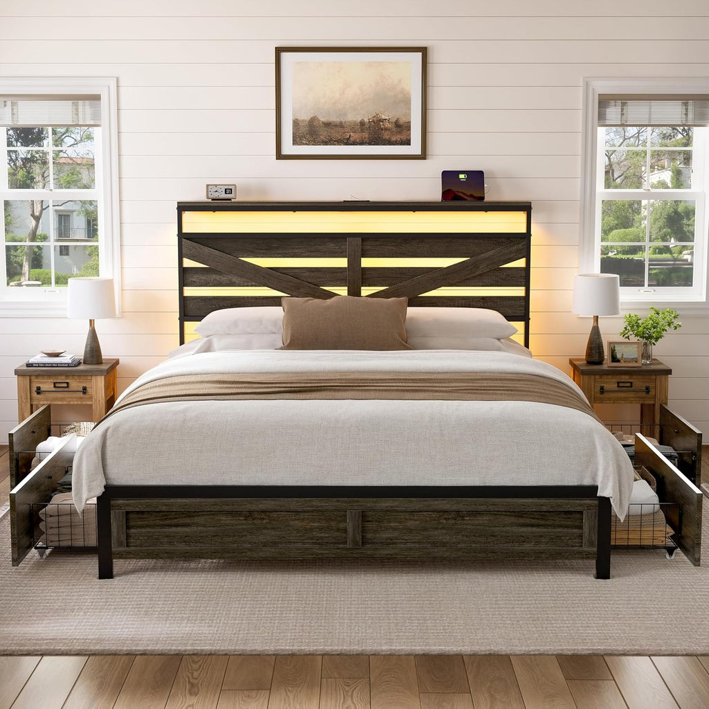 Full Bed Frame with 4 Storage Drawers Farmhouse Double Bed Frame Full Size with Headboard Metal Platform Bed No Box Spring Needed, Easy Assembly Grey