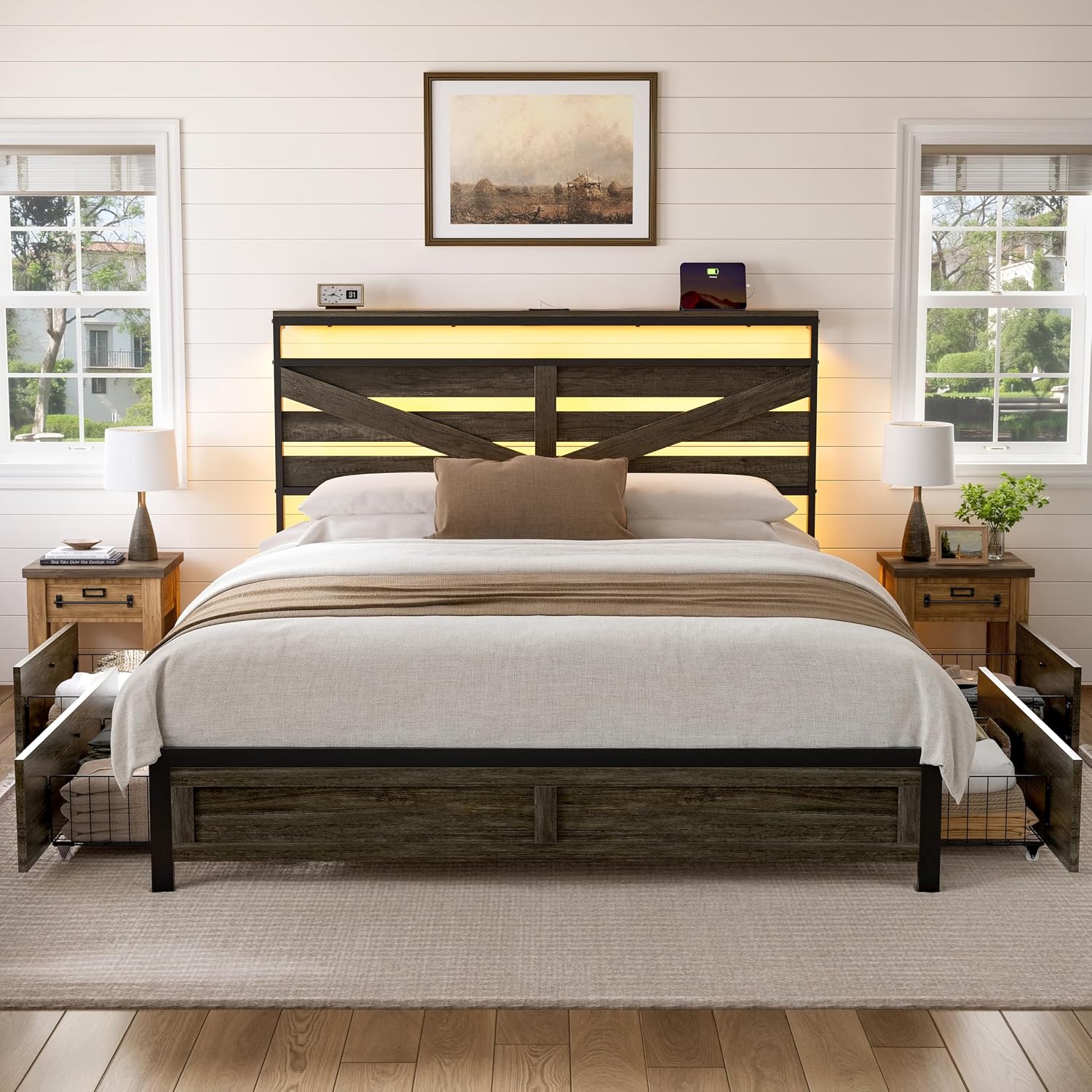 Full Bed Frame with 4 Storage Drawers Farmhouse Double Bed Frame Full Size with Headboard Metal Platform Bed No Box Spring Needed, Easy Assembly Grey