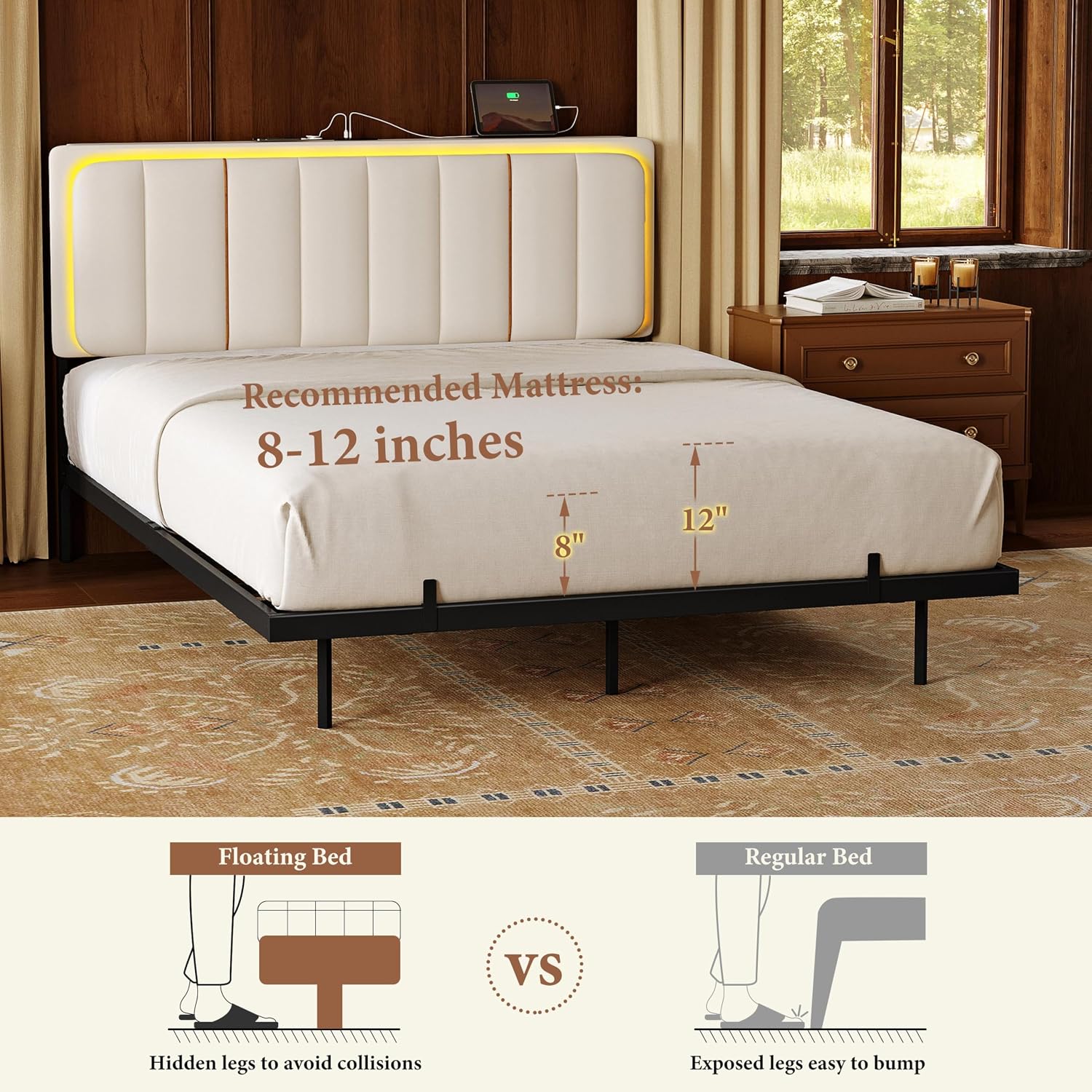 Upholstered Floating Full Bed Frame with Storage Headboard, Modern Metal Bed Frame with LED Light & Charging Station, No Spring Boxing Needed Beige