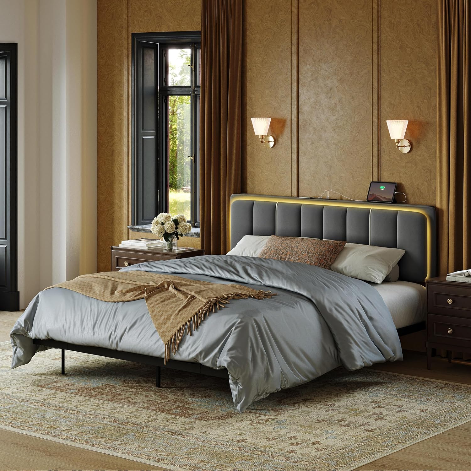 Upholstered Floating Full Bed Frame with Storage Headboard, Modern Metal Bed Frame with LED Light & Charging Station, No Spring Boxing Needed Beige