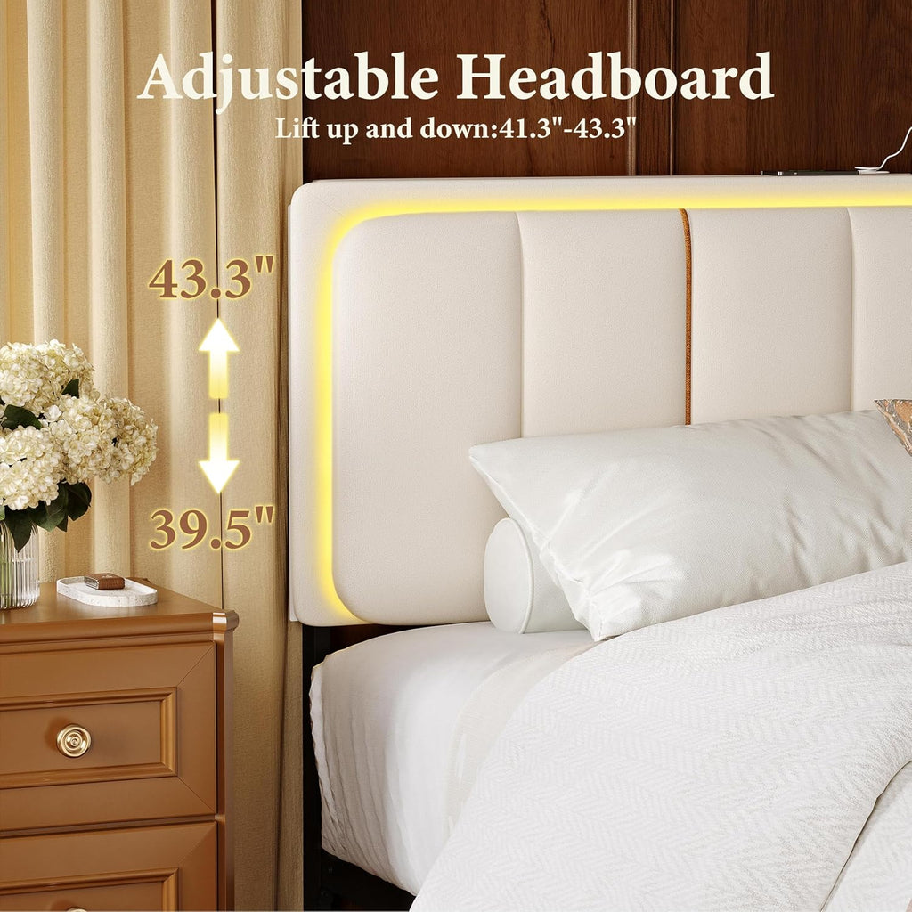 Upholstered Floating Full Bed Frame with Storage Headboard, Modern Metal Bed Frame with LED Light & Charging Station, No Spring Boxing Needed Beige