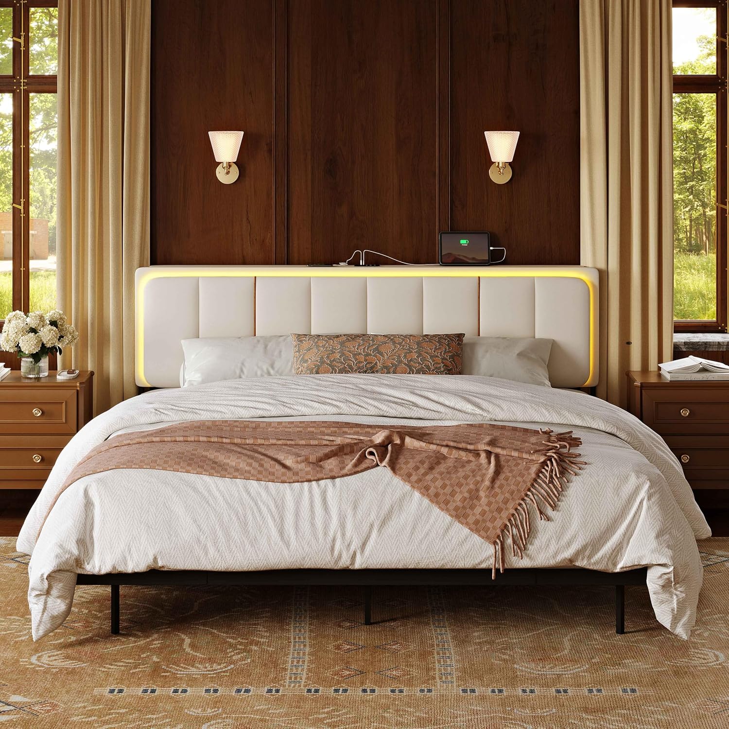 Upholstered Floating Full Bed Frame with Storage Headboard, Modern Metal Bed Frame with LED Light & Charging Station, No Spring Boxing Needed Beige