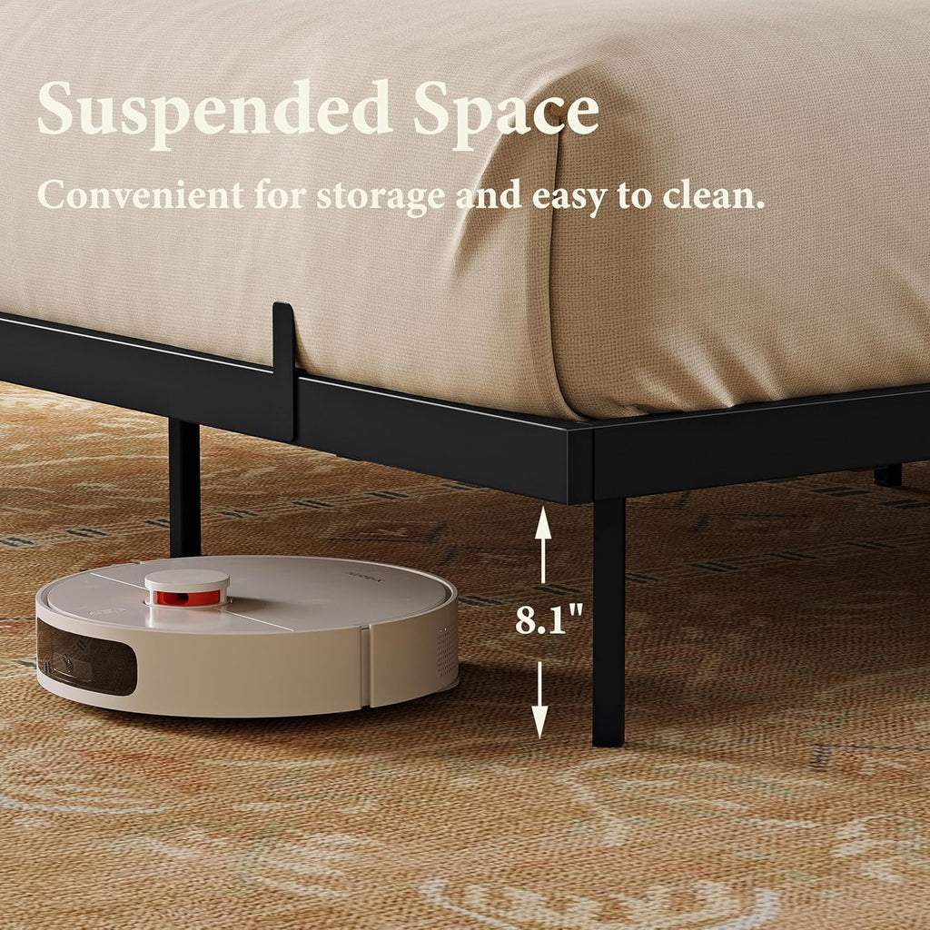 Upholstered Floating Full Bed Frame with Storage Headboard, Modern Metal Bed Frame with LED Light & Charging Station, No Spring Boxing Needed Beige