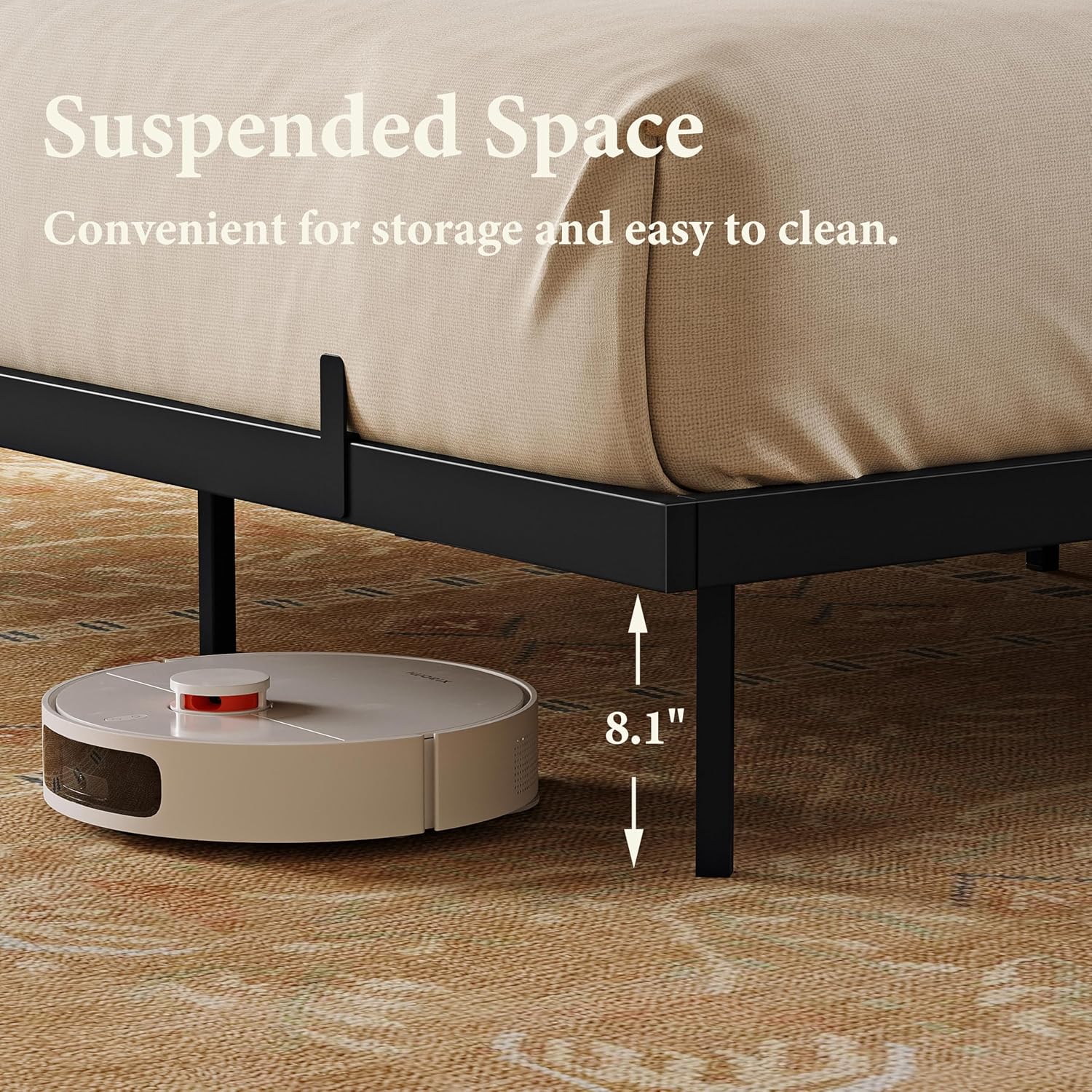 Upholstered Floating Full Bed Frame with Storage Headboard, Modern Metal Bed Frame with LED Light & Charging Station, No Spring Boxing Needed Beige