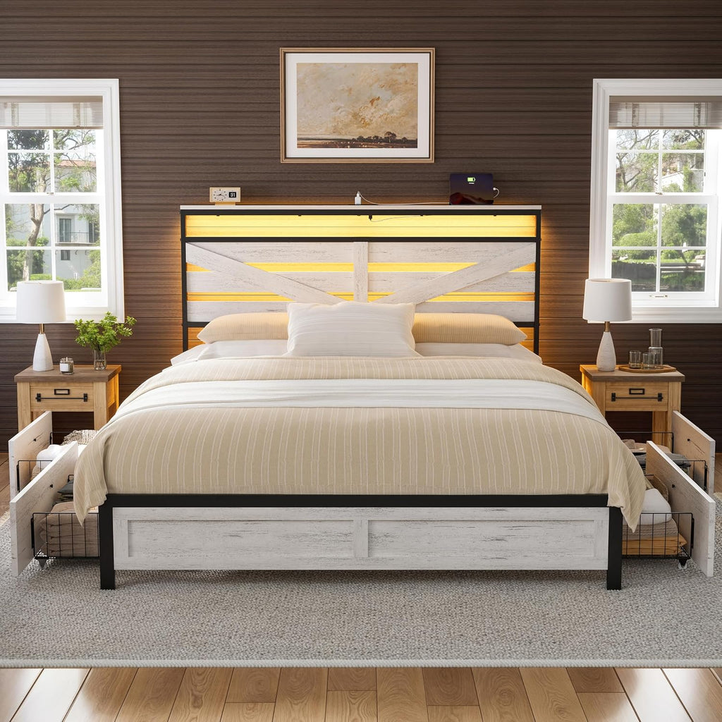 Full Bed Frame with 4 Storage Drawers Farmhouse Double Bed Frame Full Size with Headboard Metal Platform Bed No Box Spring Needed, Easy Assembly White