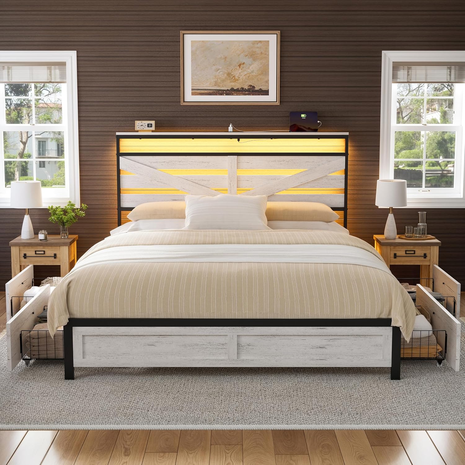 Full Bed Frame with 4 Storage Drawers Farmhouse Double Bed Frame Full Size with Headboard Metal Platform Bed No Box Spring Needed, Easy Assembly White