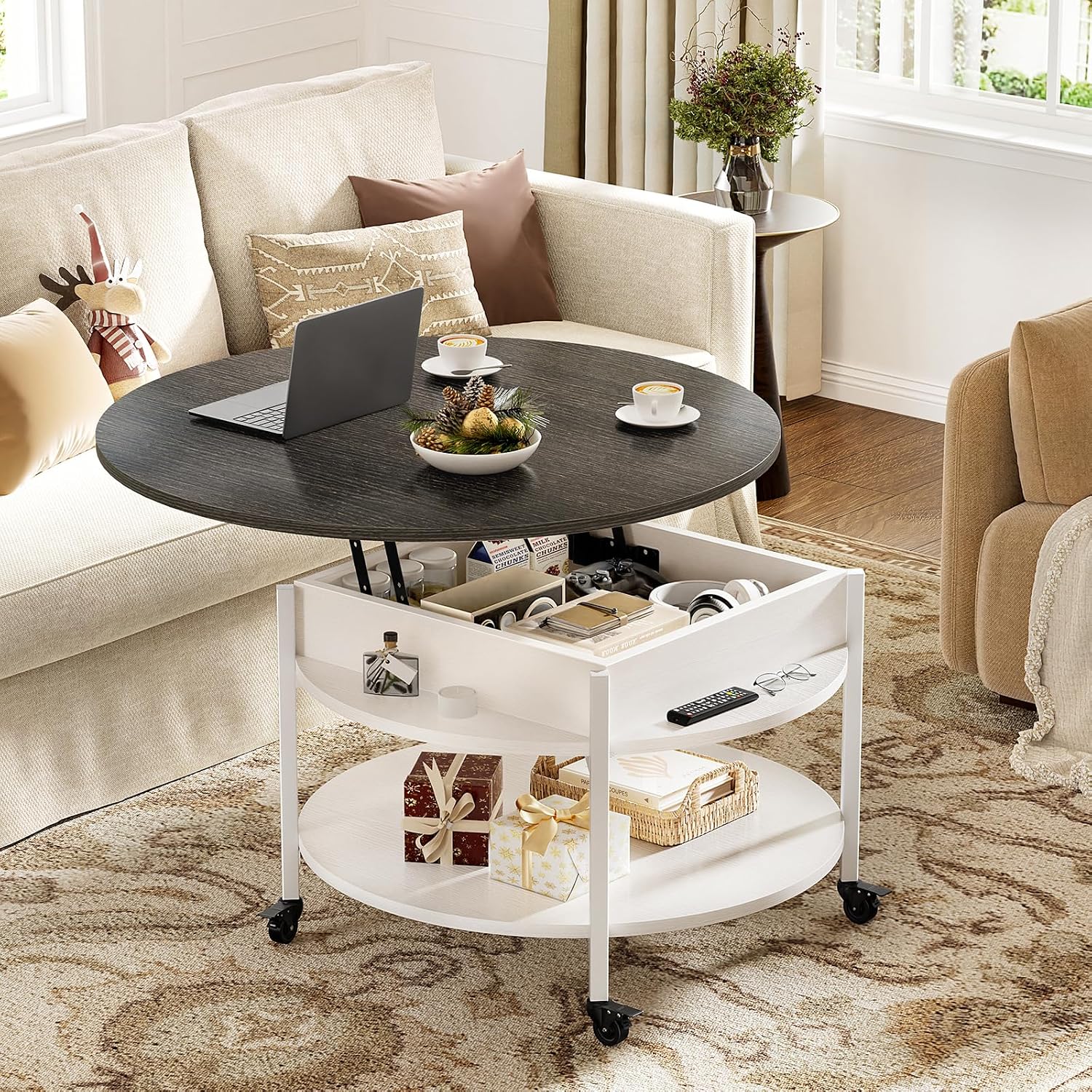 FABATO Small Round Lift Top Coffee Table with Wheels and Storage, White | 26.77’’ Rolling Lift Up Circle Center Table, Hidden Storage and Compartment, 2 Tier Small Circle Dining Table for Living Room