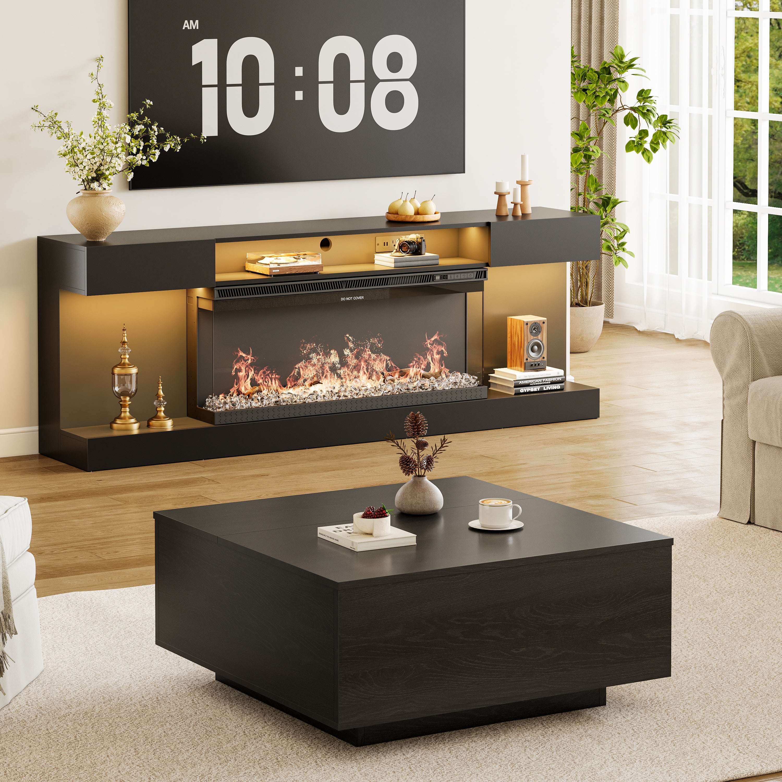 2-piece Living Room Table Set，modern Lift-top Coffee Table And 70" Electric Fireplace Tv Stand