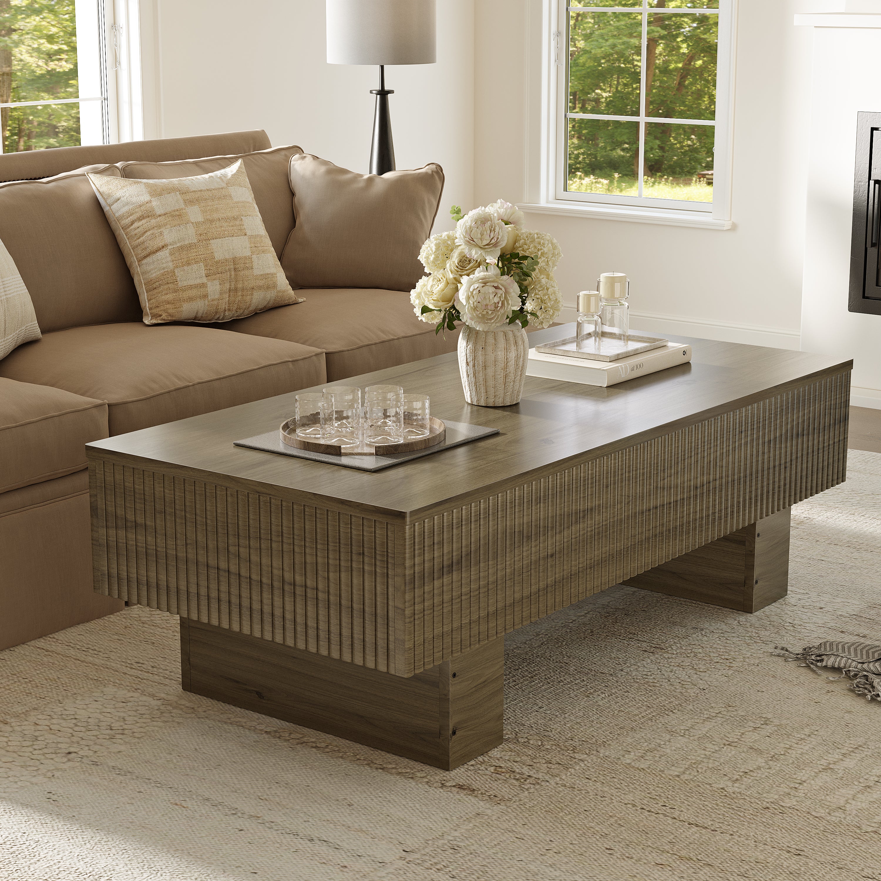 47.2" Fluted Lift Top Coffee Table with Storage Modern Wood Table