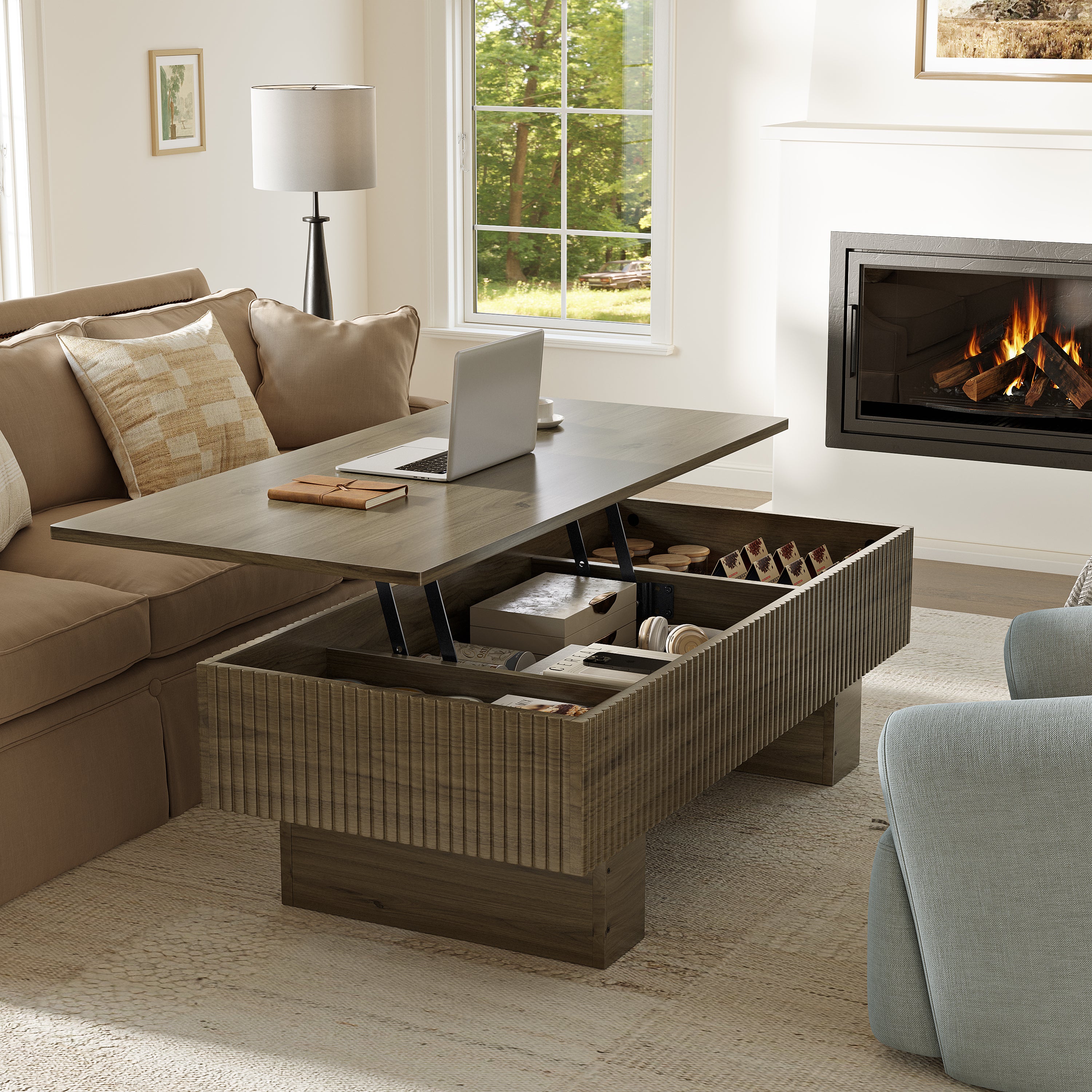 47.2" Fluted Lift Top Coffee Table with Storage Modern Wood Table