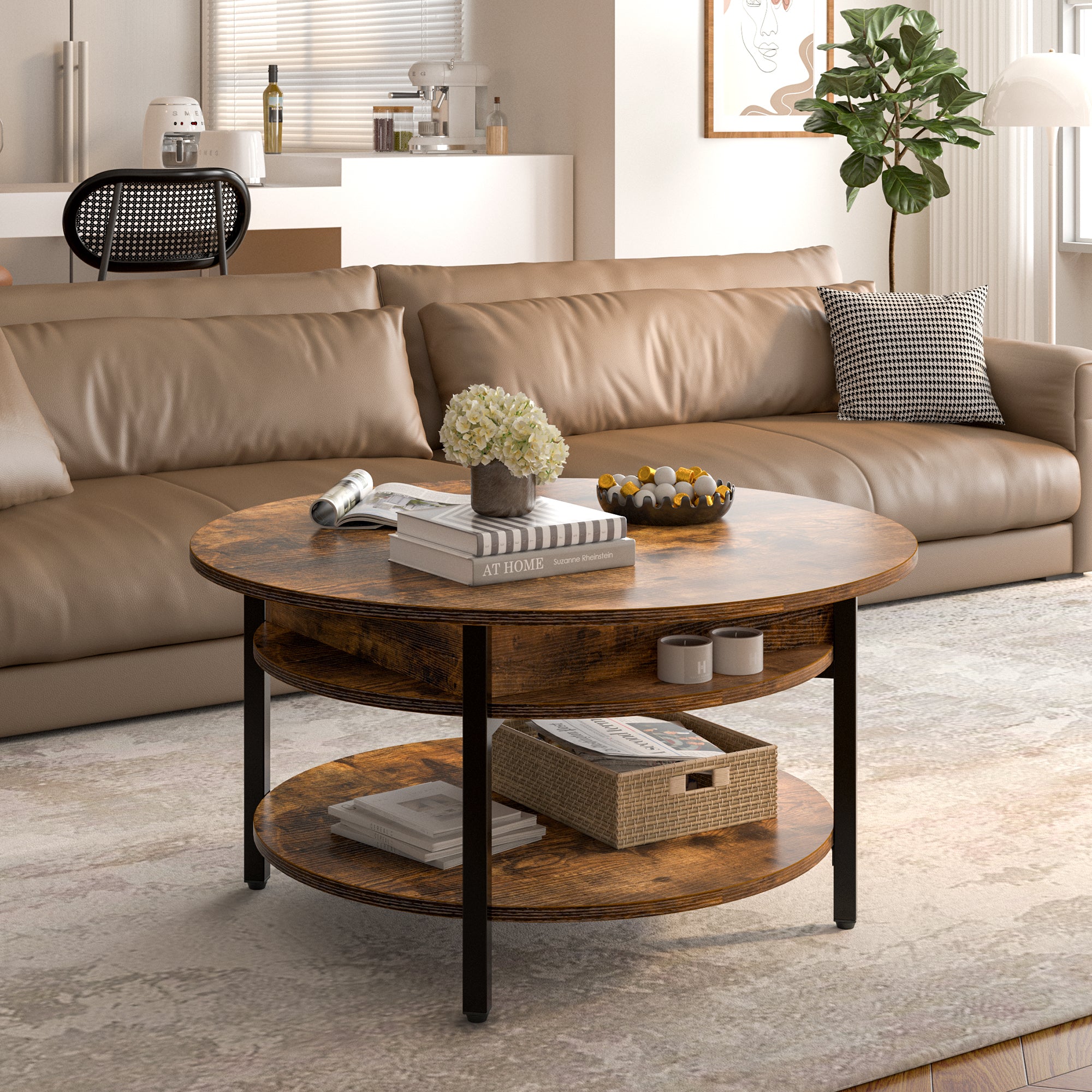 Wynny Round Lift-Top Wood Coffee Table with Storage