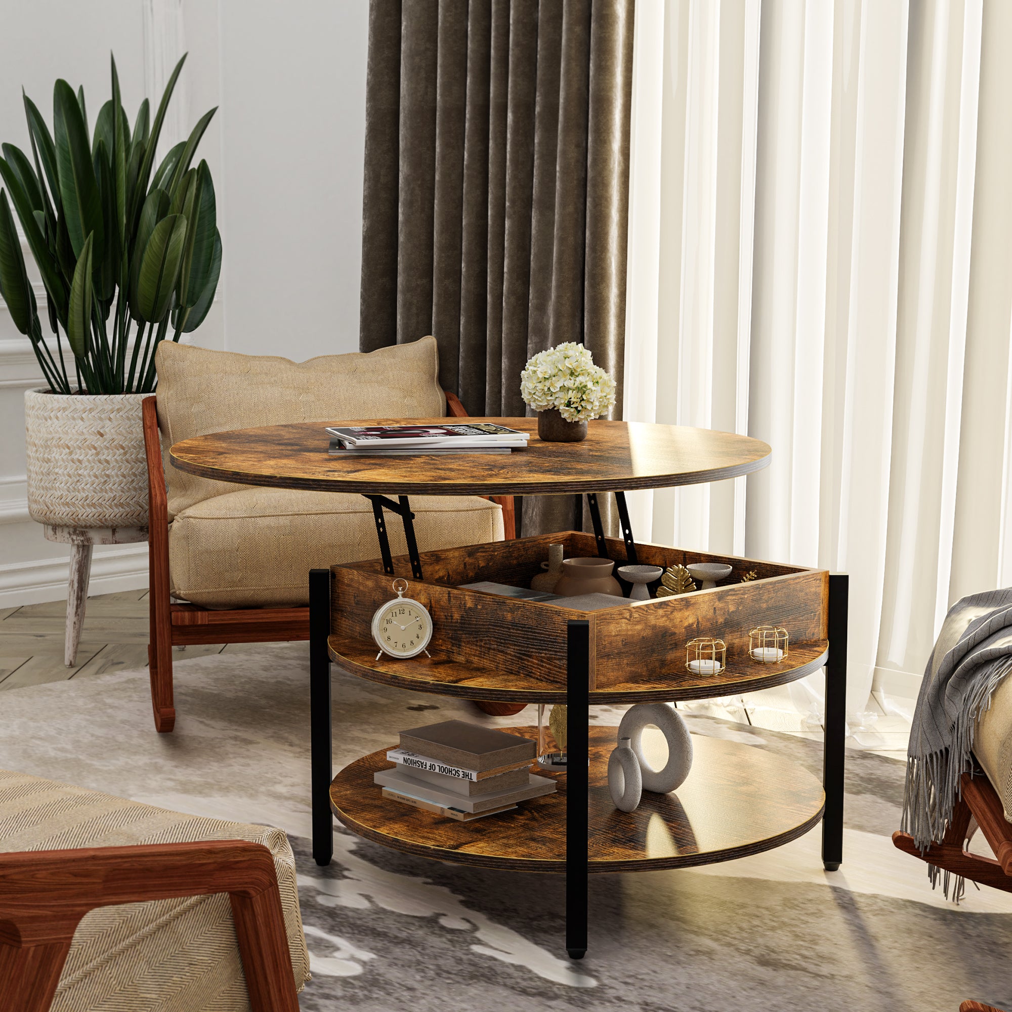 Wynny Round Lift-Top Wood Coffee Table with Storage