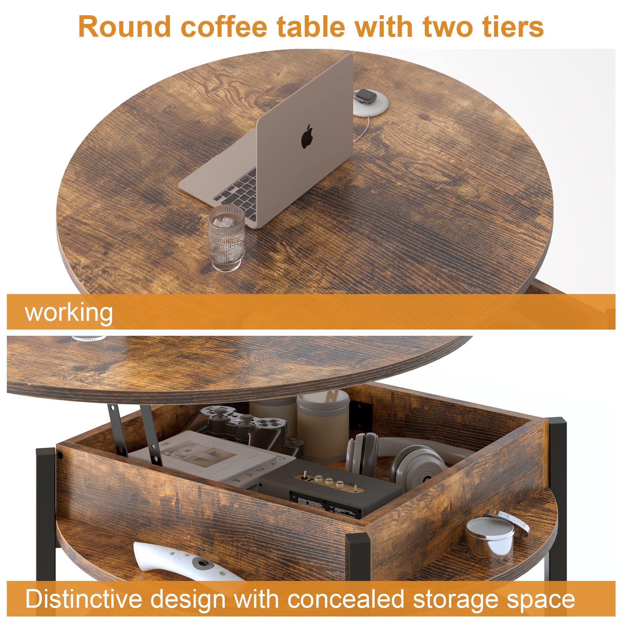 Wynny Round Lift-Top Wood Coffee Table with Storage