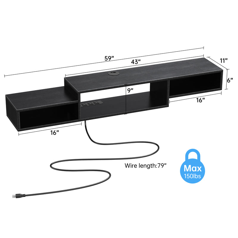 FABATO 59" 70" Floating TV Stand with Power Outlet Wall Mounted Media Console Cabinet Shelf Under TV for Cable Box Audio Video Black Rustic