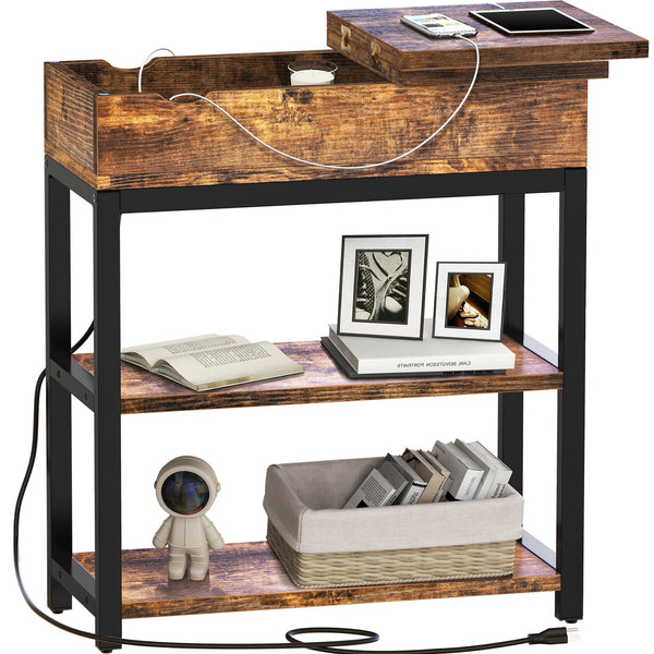 FABATO End Table with Power Outlets Flip Top Nightstands with 2-Tier Storage Shelf and 2 USB Charging Ports Narrow Sofa Side Table for Small Spaces Living Room Bedroom Rustic Brown