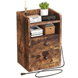 FABATO Nightstand with Power Outlets Bedside Table with 2 Drawers Storage Shelf 2 USB Charging Ports Narrow Sofa Side Table for Small Spaces Living Room Bedroom Rustic Brown 22"H