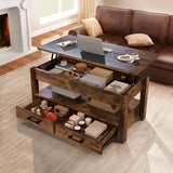 FABATO Lift Top Coffee Table With 2 Storage Drawer Hidden Compartment Open Storage Shelf For Living Room Folding Wood End Table Rustic Brown